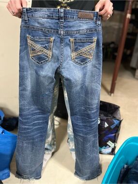 Rock & Roll Cowgirl Distressed Blue Embellished Back-Pocket Flare Jeans